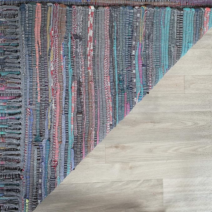 SAFAVIEH Rag Rug Collection Runner Rug - 2'3" x 9', Aqua & Multi, Handmade Boho Stripe Cotton, Ideal for High Traffic Areas in Living Room, Bedroom (RAR121K)