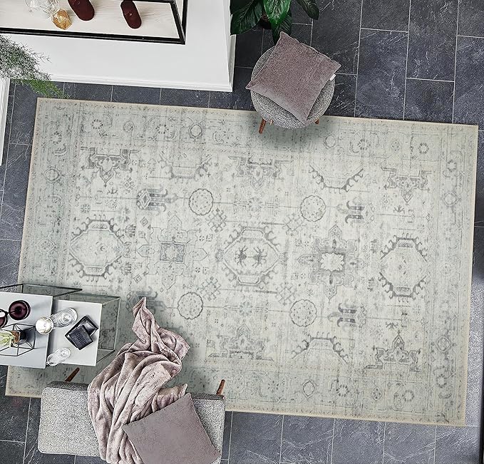 GLN Rugs Traditional Collection - Machine Washable Area Rug, Traditional Washable, Non Slip, Low Pile Chenille Rug, Living Room, Bedroom, Kitchen Rug (6' x 9' Cream/Gray/Sea Salt)