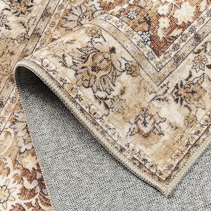 HUGEAR 8x10 Machine Washable Rugs Brown Beige Hallway Large Area Rug Indoor Accent Rug Floral Low Pile Carpet Soft Throw Aesthetic Rug Bedroom Living Room Office Dining Room Kitchen Laundry Room