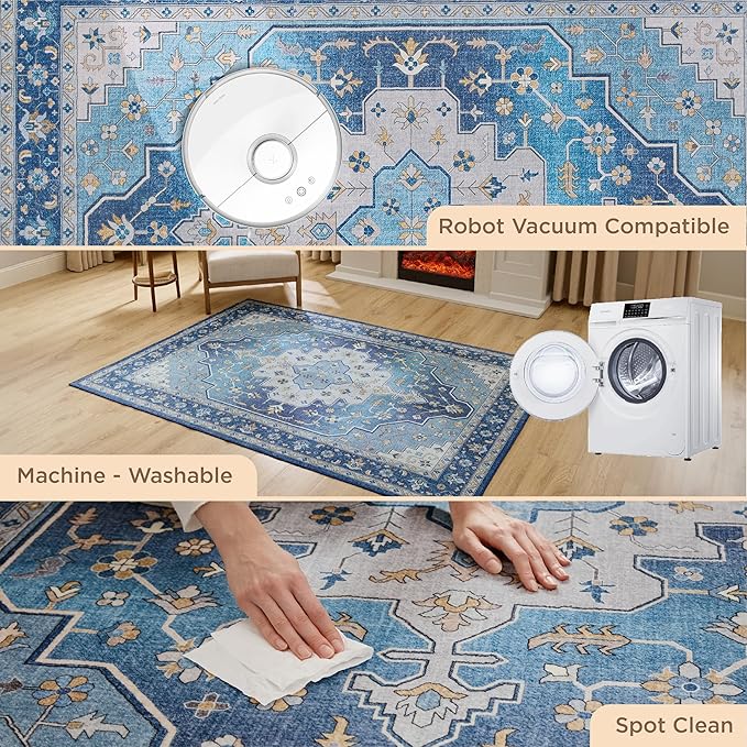 Bedsure 8x10 Area Rugs for Living Room, Machine Washable Rugs, Non-Slip Backing, Non-Shedding, Vintage Low Pile Easy Care Throw Carpet for Bedroom Dining Room, Taupe