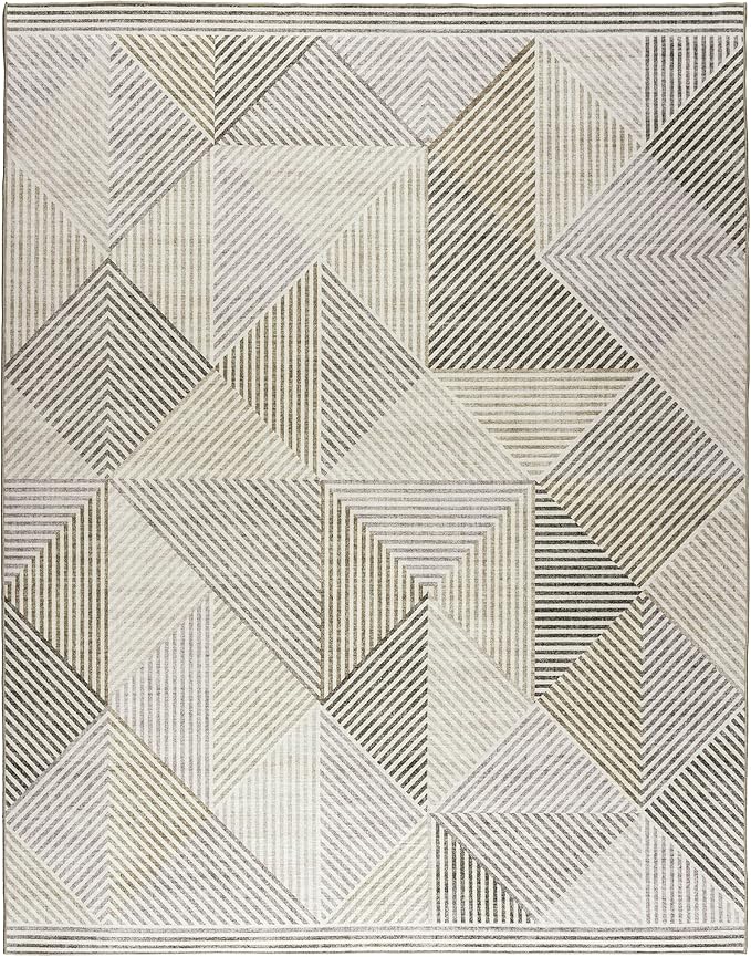 ReaLife Rugs Machine Washable Area Rug - Living Room Bedroom Bathroom Kitchen Entryway Office - Padded Low Pile Stain Resistant Premium - Modern Geometric Contemporary - Miles - Beige 4' x 6'