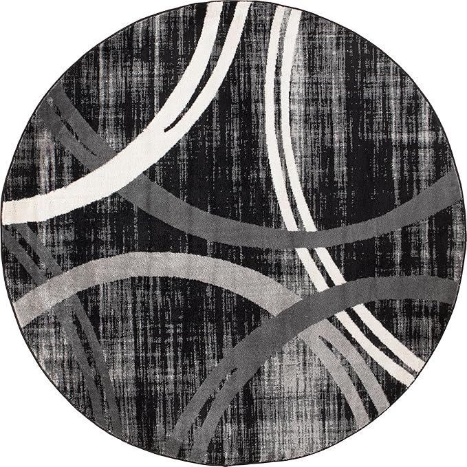 Rugshop Modern Wavy Circles Design Round Rug, Non-Shedding Carpet for Living Room, Dining Room, or Breakfast Nook, Black, 6'6" Round