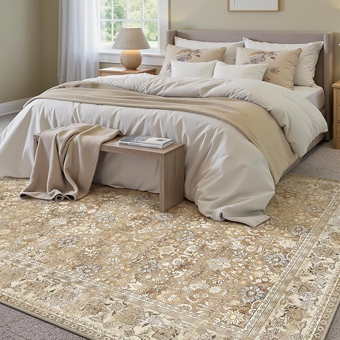 HUGEAR 6x9 Machine Washable Rugs Brown Beige Hallway Large Area Rug Indoor Accent Rug Floral Low Pile Carpet Soft Throw Aesthetic Rug Bedroom Living Room Office Dining Room Kitchen Laundry Room