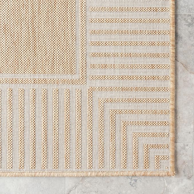 Nuloom Asha Tan/Ivory, 9'6" x 12', Casual, Striped Border, Soft and Cozy, High Traffic, Stain Resistant, Easy Clean, Durable Area Rug for Indoor/Outdoor Patio, Deck, Porch, Garden, Courtyard