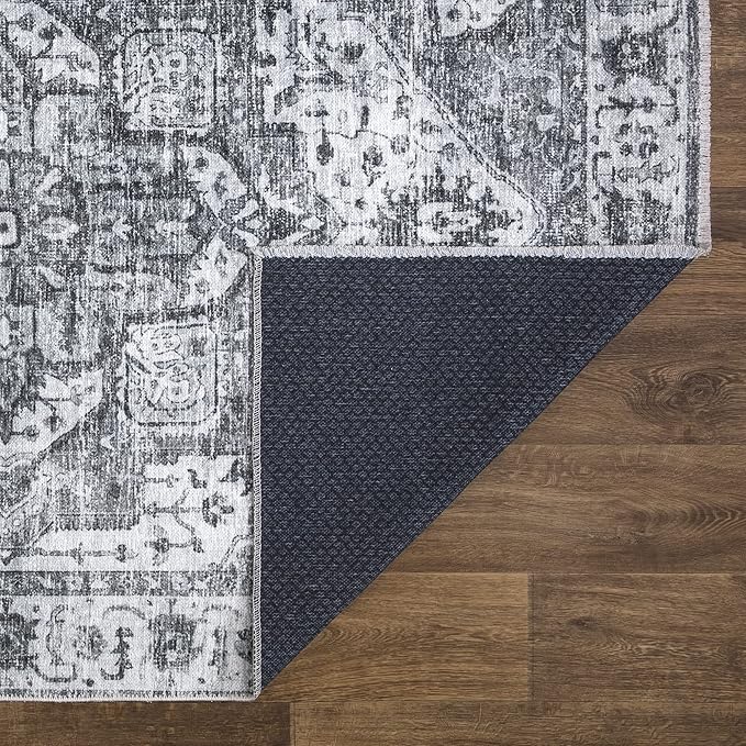 Bloom Rugs Caria Washable Non-Slip 7 ft Runner - Silver/Dark Gray Traditional Runner for Entryway, Hallway, Bathroom, and Kitchen - Exact Size: 2'6" x 7'