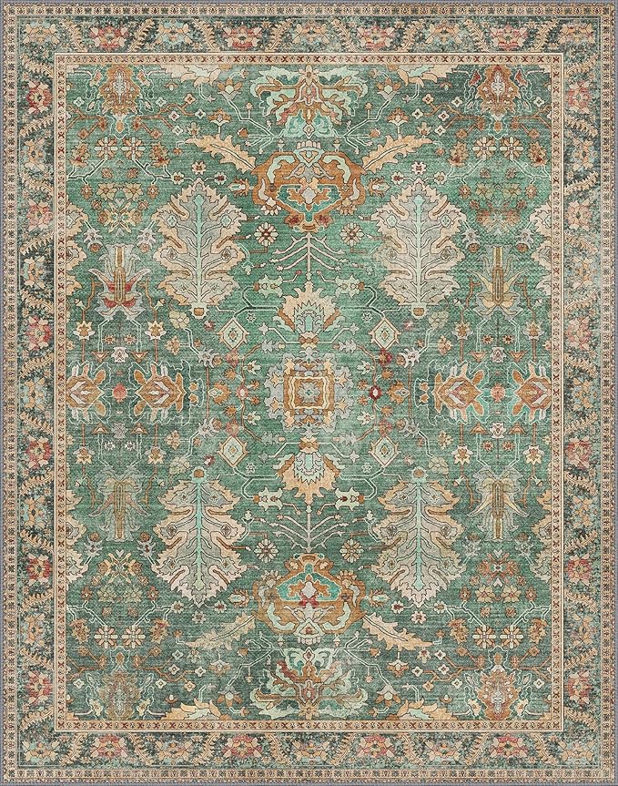 Bavni Washable Area Rugs 8x10 Green Boho Rug Tumble Vintage Large Carpet for Living Room Bedroom Dining Room, Non Slip Thin Low Pile Chenille, Dark Sage/Gold
