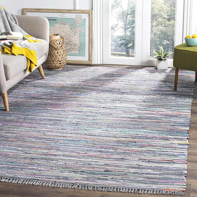 SAFAVIEH Rag Rug Collection Area Rug - 4' Square, Aqua & Multi, Handmade Boho Stripe Cotton, Ideal for High Traffic Areas in Living Room, Bedroom (RAR121K)