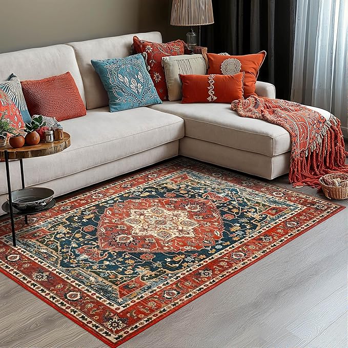 YJ.GWL Area Rugs for Living Room 3x5 Machine Washable Rugs for Bedroom, Non Slip Floral Vintage Rug Indoor Carpet, Small Floor Throw Rug for Dining Room Kitchen, Orange-Red