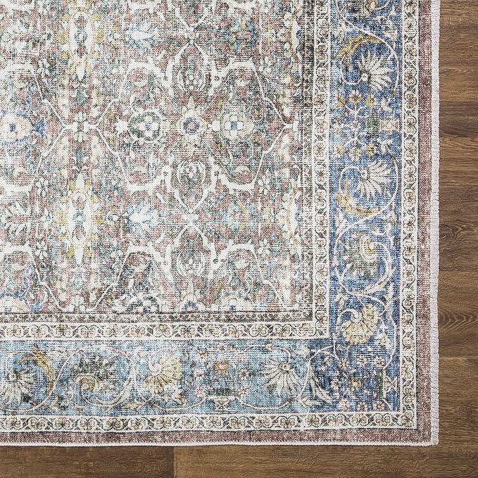 Bloom Rugs Washable Non-Slip 2x3 Rug - Blue/Red Brown Traditional Oriental Area Rug for Living Room, Bedroom, Dining Room, and Kitchen - Exact Size: 2' x 3'