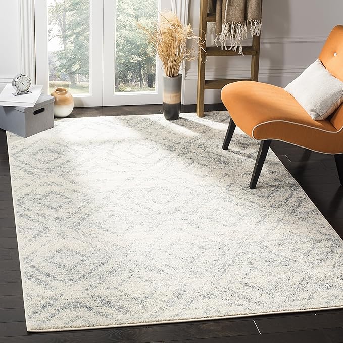 SAFAVIEH Adirondack Collection Area Rug - 4' Square, Ivory & Light Blue, Modern Diamond Distressed Design, Non-Shedding & Easy Care, Ideal for High Traffic Areas in Living Room, Bedroom (ADR131T)