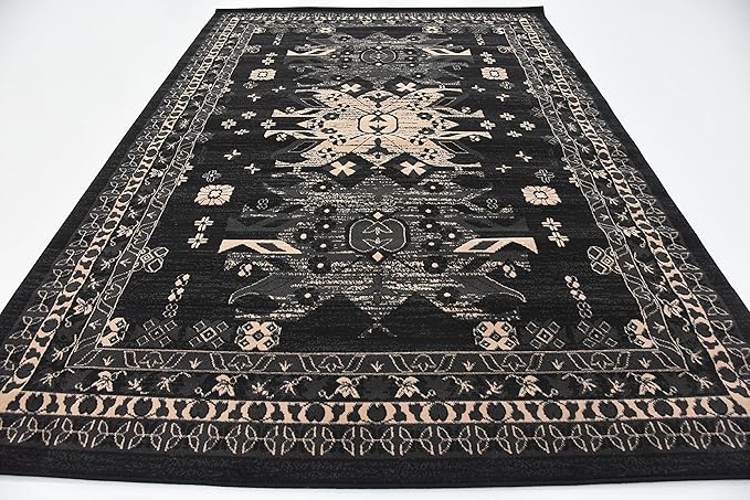 Unique Loom Taftan Collection Border Geometric Tribal Inspired Design Area Rug (7' 0 x 10' 0 Rectangular, Black/ Gray)