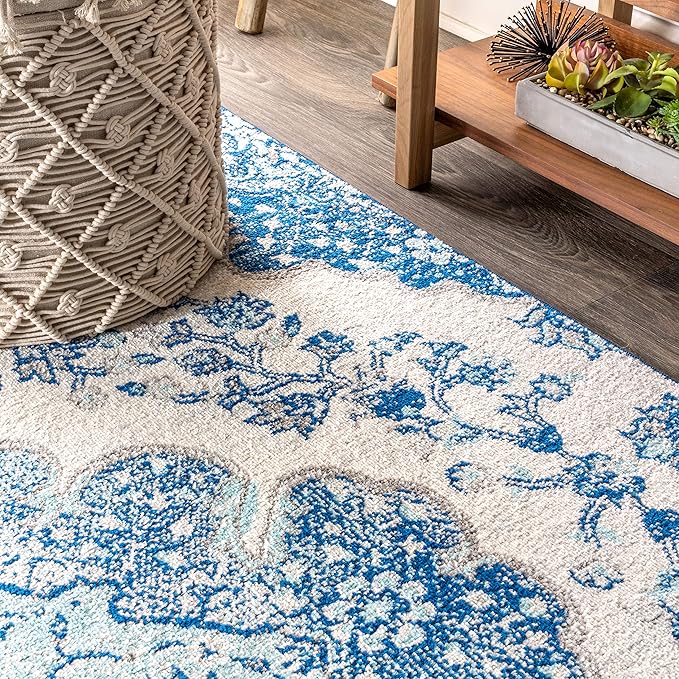 JONATHAN Y Boho Vintage Cream/Blue Runner Rug, 2x10, Bohemian Flair Medallion, Floral Easy-Cleaning High Traffic for Living Room, Bedroom, Kitchen, Pet-Friendly, Non Shedding (BMF106A-210)