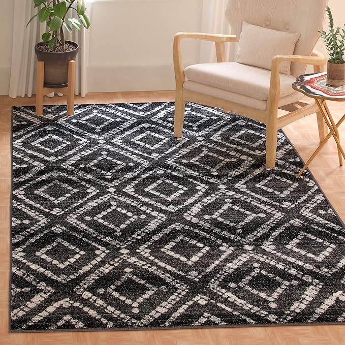 SAFAVIEH Adirondack Collection Area Rug - 6' Square, Black & Ivory, Modern Diamond Distressed Design, Non-Shedding & Easy Care, Ideal for High Traffic Areas in Living Room, Bedroom (ADR131A)