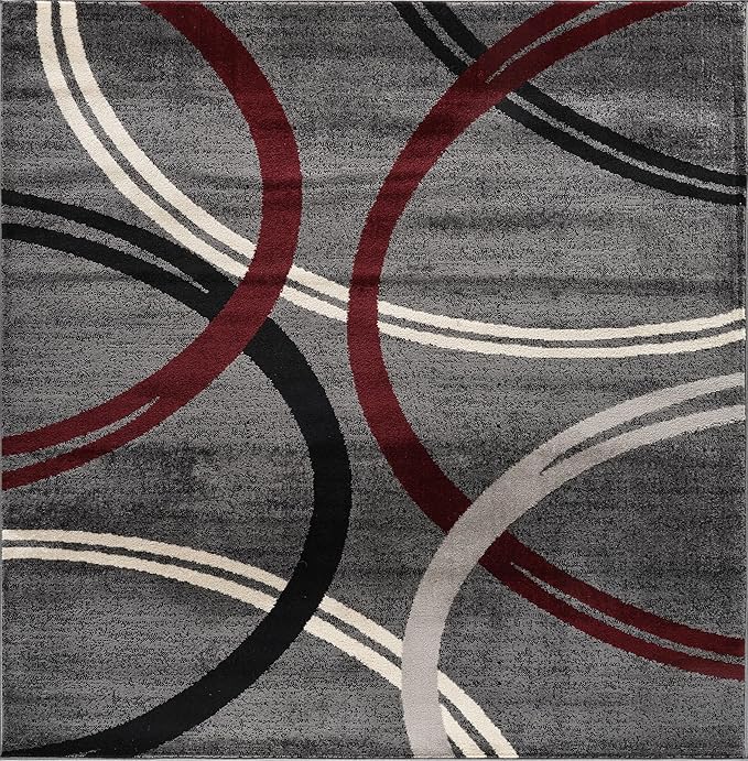 Rugshop Modern Wavy Circles Design Non-Shedding Square Rug, Carpet for Dining Room or Living Room, Red, 6'6" x 6'6"