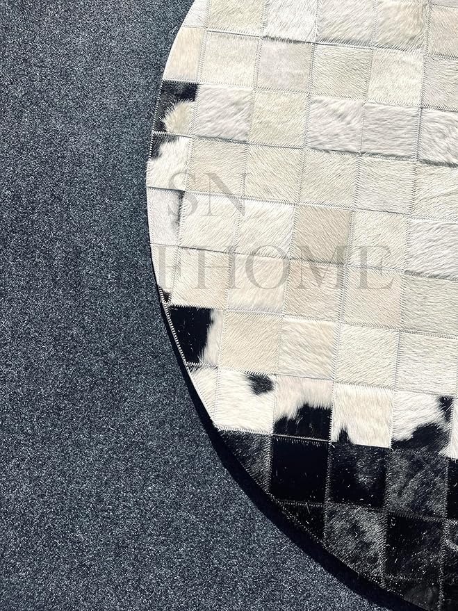 Round Geometric Patchwork Cowhide Leather Area Rug | Washable Non-Slip Carpet for Living Room, Bedroom & Home Décor(6x6 ft_White & Black)
