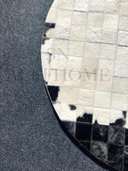 Round Geometric Patchwork Cowhide Leather Area Rug – Washable Non-Slip Modern Carpet for Living Room, Bedroom, Office & Home Décor, Faux Cowhide Accent Rug (Black & White, 5×5ft)