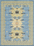 Unique Loom Taftan Collection Border Geometric Tribal Inspired Design Area Rug (9' 10 x 13' 0 Rectangular, Light Blue/ Gold)
