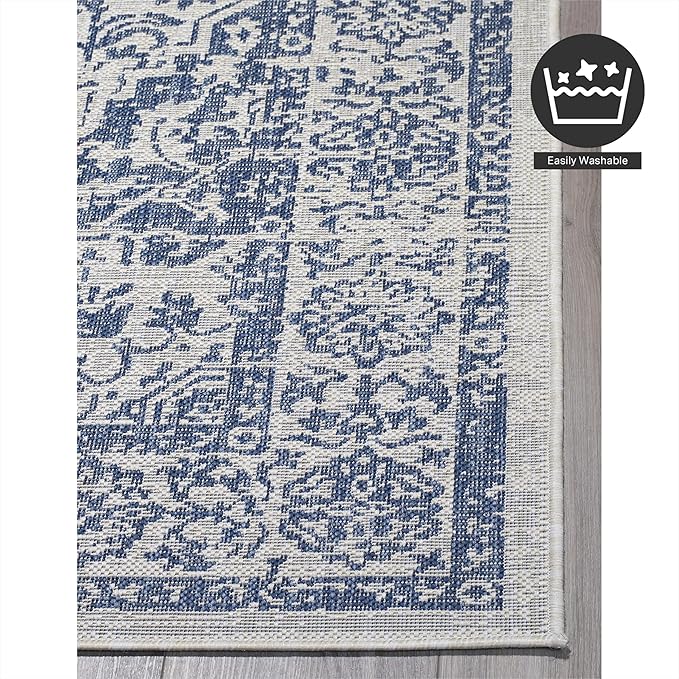 FH Home Flat Woven Outdoor Rug - Waterproof, Easy to Clean, Stain Resistant - Premium Polypropylene Yarn - Vintage - Patio, Deck, Porch,Balcony - Ankara - Distressed Blue - 3ft 11in x 5ft 6in