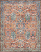 Area Rugs 8x10 Clearance Washable Boho Rug for Bedroom Living Room, Non Slip Thin Low Pile Chenille Carpet for Dining Room,Vintage Farmhouse, Terracotta/Blue