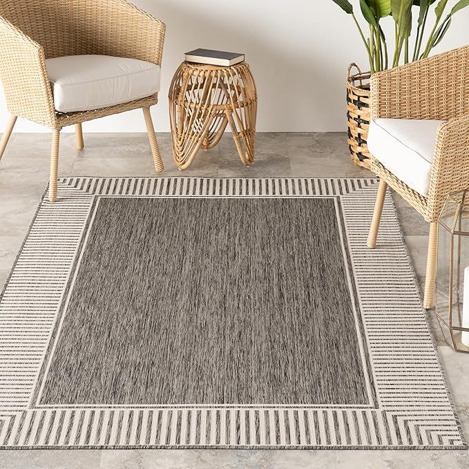 Nuloom Asha Grey/Ivory, 6'7" x 9', Casual, Striped Border, Soft and Cozy, High Traffic, Stain Resistant, Easy Clean, Durable Area Rug for Indoor/Outdoor Patio, Deck, Porch, Garden, Courtyard