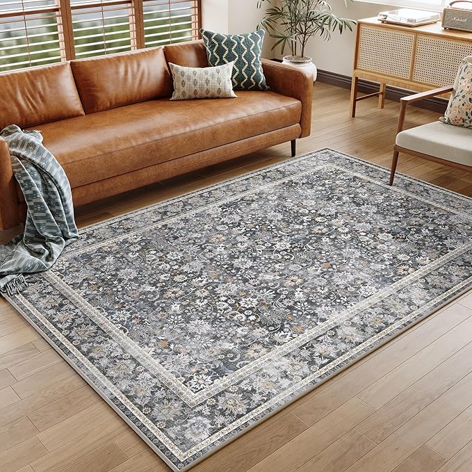 HUGEAR 4x6 Machine Washable Rugs Black Grey Hallway Area Rug Indoor Accent Rug Floral Low Pile Carpet Soft Throw Rug Bedroom Living Room Office Dining Room Kitchen Laundry Room Non Slip