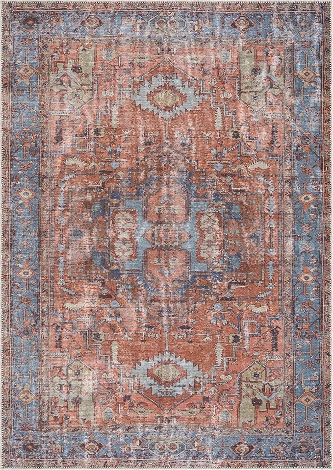 Bloom Rugs Washable 6' x 9' Rug - Terracotta/Blue Traditional Area Rug for Living Room, Bedroom, Dining Room, and Kitchen - Exact Size: 6' x 9'