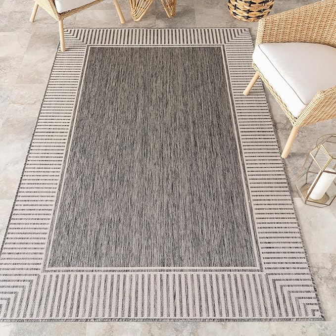Nuloom Asha Grey/Ivory, 9'6" x 12', Casual, Striped Border, Soft and Cozy, High Traffic, Stain Resistant, Easy Clean, Durable Area Rug for Indoor/Outdoor Patio, Deck, Porch, Garden, Courtyard