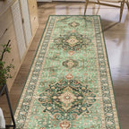 Green Runner Rugs 2x10 Boho Small Washable Area Rugs for Entryway Bathroom Kitchen, Long Rugs for Hallway Soft Low Pile Non-Slip Rubber Backing Oriental