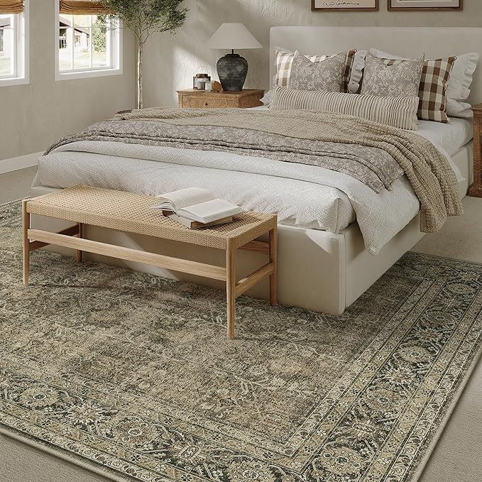 Vintage Area Rug 8x10 Light Brown Washable Living Room Bedroom Indoor Carpet Tribal Distressed Retro Accent Throw Rug for Office Dining Room Bathroom Faux Wool