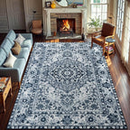 YJ.GWL Area Rugs for Living Room 6x9 Machine Washable Rugs, Non Slip Floral Vintage Rug Indoor Carpet, Stain Resistant Large Rug for Bedroom Dining Room, Navy Blue