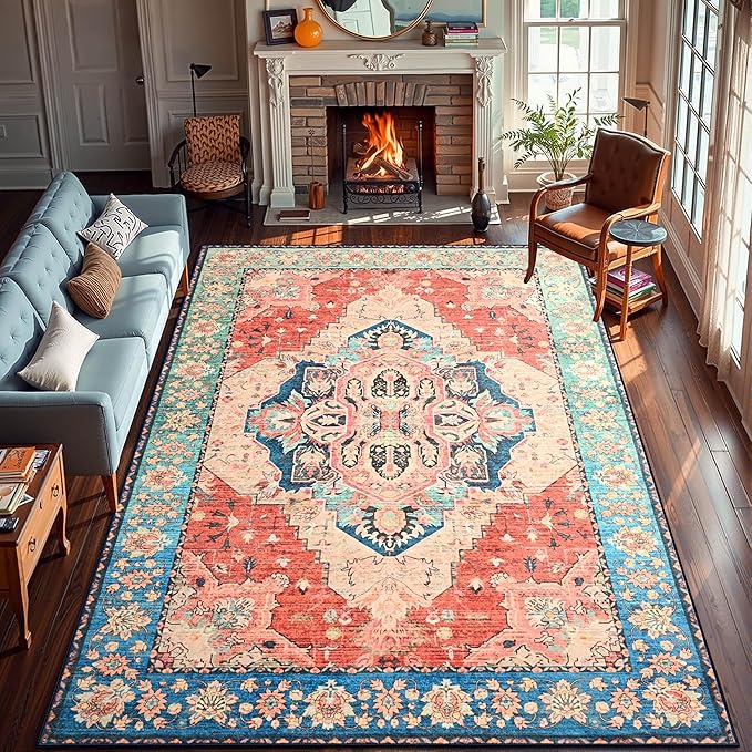 YJ.GWL Area Rugs for Living Room 8x10 Machine Washable Rugs, Non Slip Floral Vintage Rug Indoor Carpet, Stain Resistant Large Rug for Bedroom Dining Room, Red Blue Gradient Color