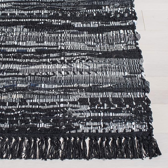 SAFAVIEH Rag Rug Collection Area Rug - 5' x 8', Black, Handmade Boho Stripe Cotton, Ideal for High Traffic Areas in Living Room, Bedroom (RAR121Z)