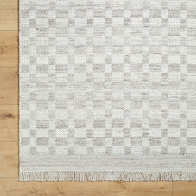 Mark&Day Wool Rugs, 4x6 Clinten Solid and Border Light Gray Checkered Rug, Grey Ivory Carpet for Living Room, Bedroom or Kitchen (3'6" x 5'6")