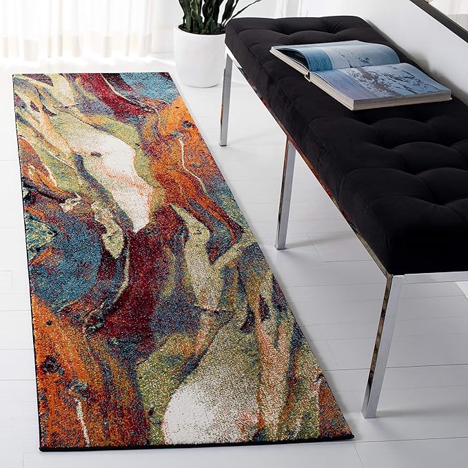 SAFAVIEH Glacier Collection 2'3" x 12' Red/Green GLA126Q Modern Abstract Non-Shedding Living Room Bedroom Runner Rug
