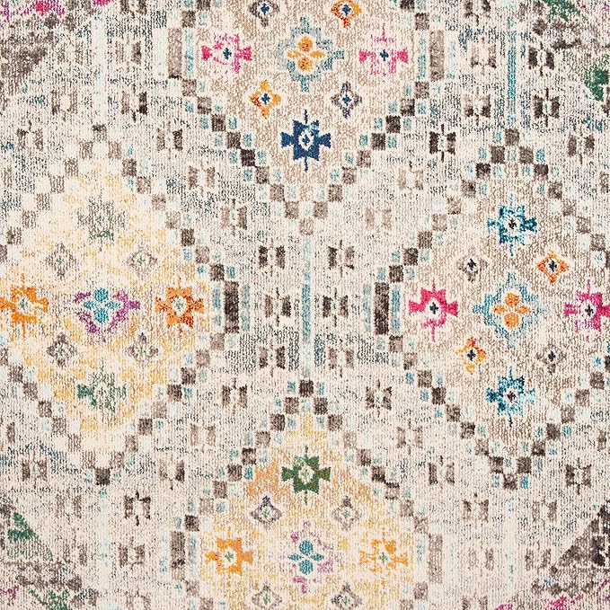 SAFAVIEH Madison Collection Area Rug - 6'7" Round, Grey & Yellow, Boho Diamond Distressed Design, Non-Shedding & Easy Care, Ideal for High Traffic Areas in Living Room, Bedroom (MAD418F)