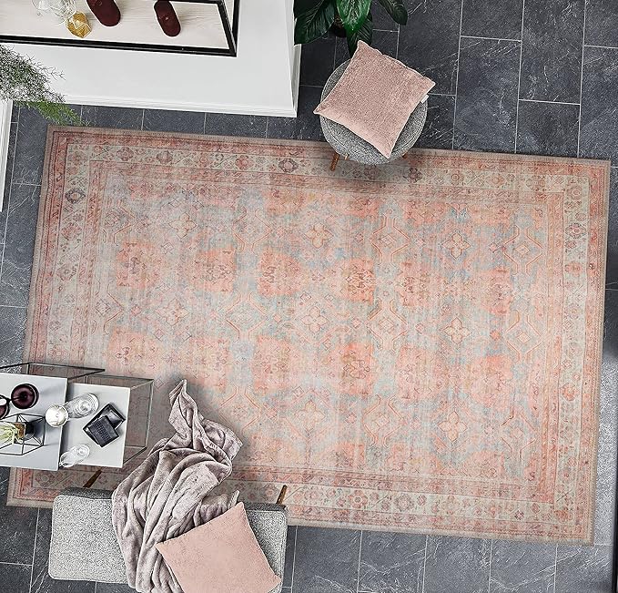 GLN Rugs Traditional Collection - Machine Washable Area Rug, Traditional Washable, Non Slip, Low Pile Chenille Rug, Living Room, Bedroom, Kitchen Rug (2'6" x 10' Terra/Multicolor 1153)