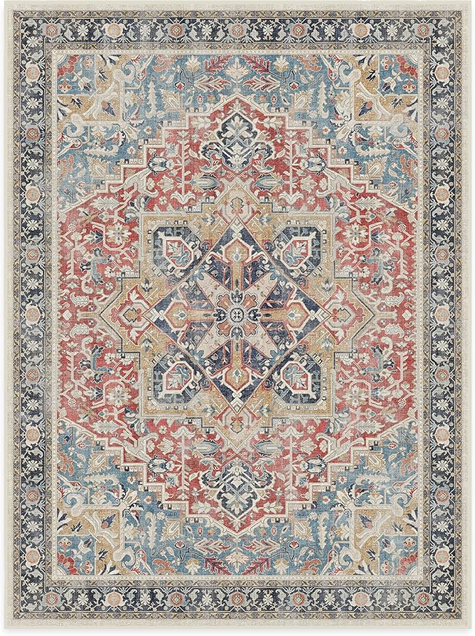 RUGGABLE Washable Vintage Area Rug – Kamran Cayenne Red 9x12, Stain-Resistant, Non-Slip – Large Machine Washable Rugs for Living Room, Bedroom, Hallway, Entryway & Office–with Cushioned Pad
