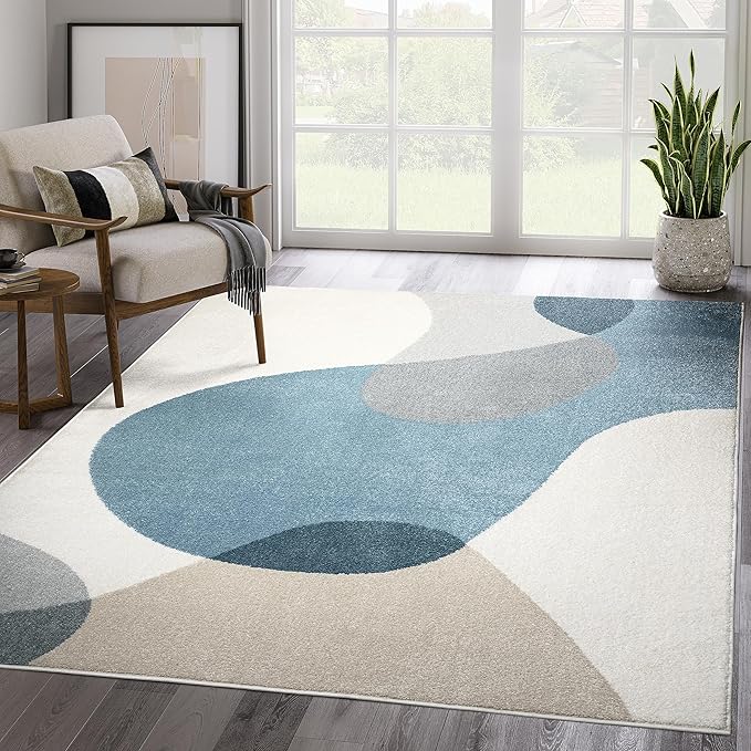 Abani Deco Collection Area Rug - Cream/Blue Mid-Century Design -7'9" x 10'2"(8'x10') - Easy to Clean - Durable for Kids and Pets - Non-Shedding - Medium Pile - for Living Room, Bedroom & Office