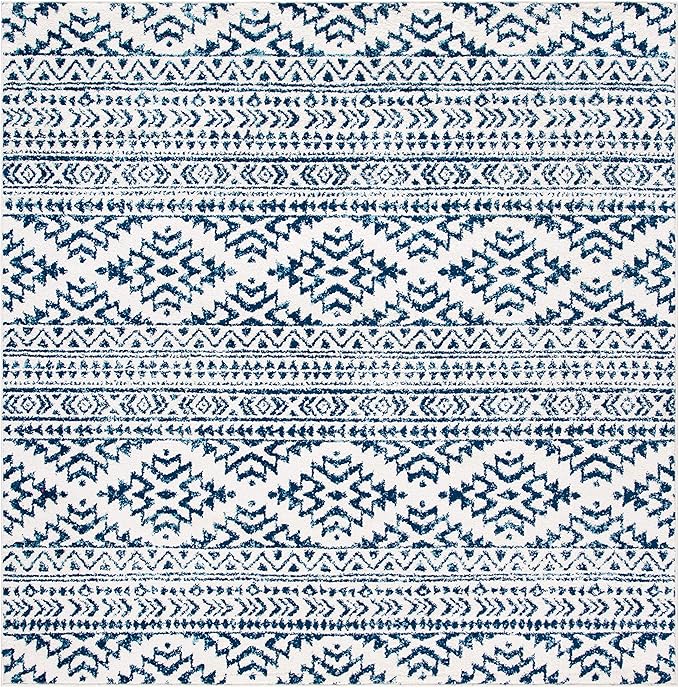 SAFAVIEH Tulum Collection Area Rug - 5' Square, Ivory & Navy, Moroccan Boho Tribal Design, Non-Shedding & Easy to Clean, Ideal for Living Room, Bedroom, Dining Space (TUL272D)