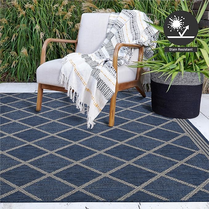 FH Home Flat Woven Outdoor Rug - Waterproof, Easy to Clean, Stain Resistant - Premium Polypropylene Yarn - Moroccan Geometric Lattice - Patio, Porch, Deck, Balcony - Tunis - Blue - 5ft 4in x 7ft 6in
