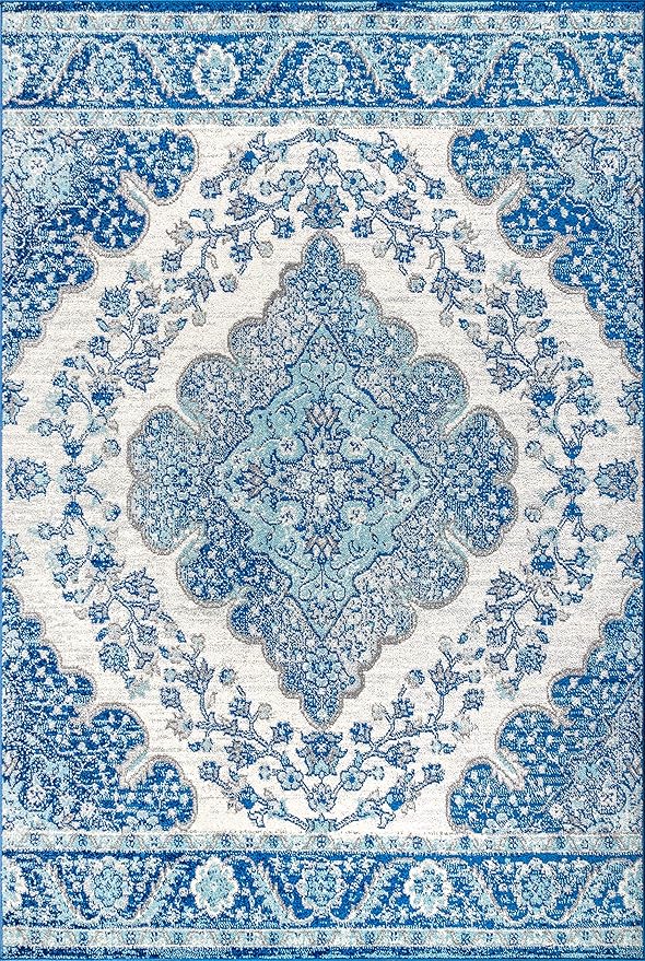 JONATHAN Y Boho Vintage Cream/Blue Indoor Area Rug, 4x6, Bohemian Flair Medallion, Floral Easy-Cleaning High Traffic for Living Room, Bedroom, Kitchen, Pet-Friendly, Non-Shedding (BMF106B-4)