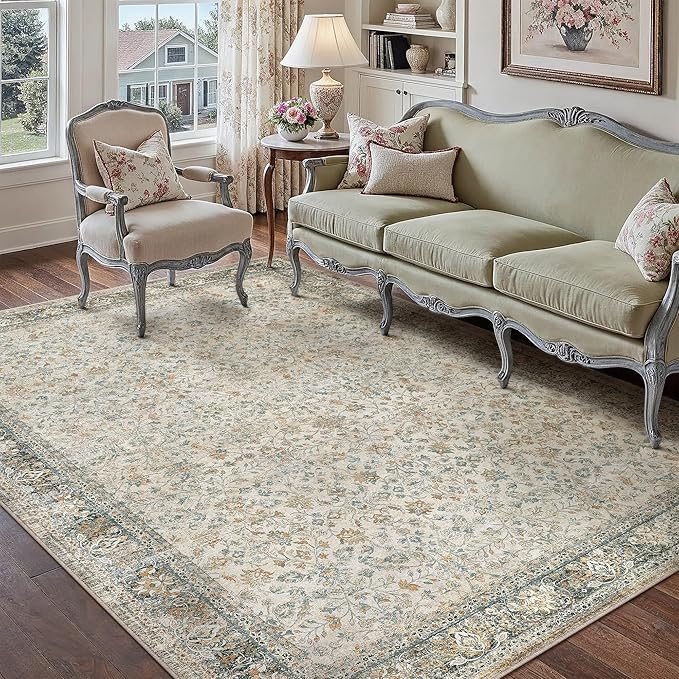 Beige Area Rug 5x7 Living Room Machine Washable Vintage Carpet Non Slip Indoor Retro Traditional Accent Throw Large Rug for Office Kitchen Bedroom Dining Room