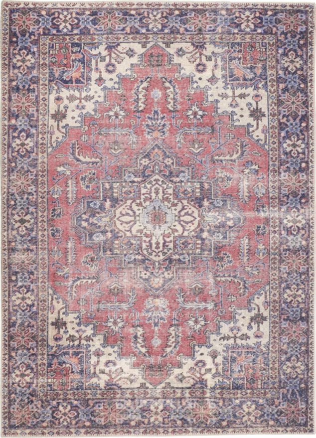 GLN Rugs Traditional Collection - Machine Washable Area Rug, Traditional Washable, Non Slip, Low Pile Chenille Rug, Living Room, Bedroom, Kitchen Rug (3' x 5' Multi Blue)