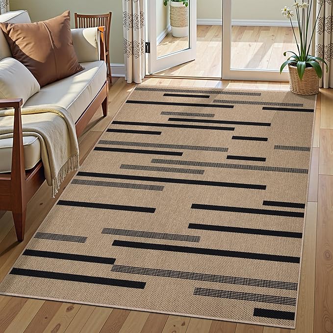 Tangsoo Stripe Easy Jute Rug,Ultra Thin 3x5 Washable Area Rug for Bedroom,Non-Slip Black Indoor Outdoor Rug Modern Low Pile Carpet Farmhouse Non Shedding Mat for Patio Backyard Entryway