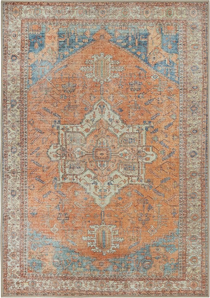 GLN Rugs Traditional Collection - Machine Washable Area Rug, Traditional Washable, Non Slip, Low Pile Chenille Rug, Living Room, Bedroom, Kitchen Rug (3' x 5' Terra/Multicolor)