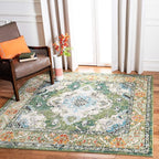 SAFAVIEH Monaco Collection Area Rug - 4' Square, Forest Green & Light Blue, Medallion Distressed Design, Non-Shedding & Easy Care, Ideal for High Traffic Areas in Living Room, Bedroom (MNC243F)