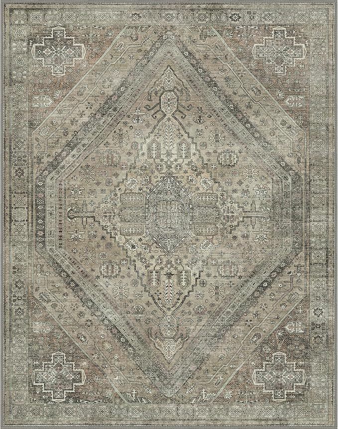 Bavni Washable Rug 3x5 Area Rug for Living Room Bedroom Dining, Washable Vintage Print Carpet, Ultra-Thin Chenille Low Pile Lightweight Rug with Non Slip Backing, Tan