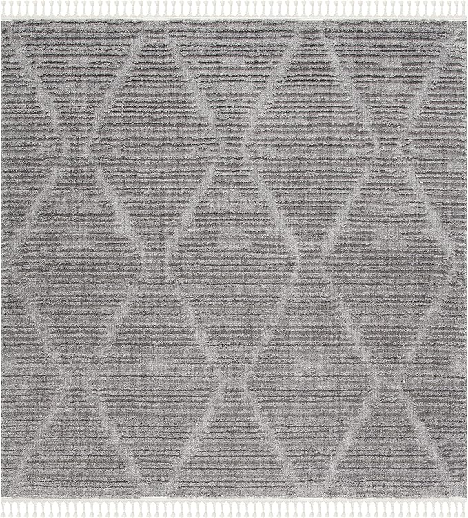 SAFAVIEH Marrakesh Collection Area Rug - 3' Square, Grey, Moroccan Boho Tribal Tassel Design, Non-Shedding & Easy Care, Ideal for High Traffic Areas in Living Room, Bedroom (MRK517F)