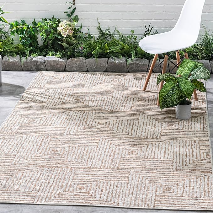 FH Home Flat Woven Outdoor Rug - Waterproof, Easy to Clean, Stain Resistant - Premium Polypropylene Yarn - Modern Geometric - Patio, Porch, Deck, Balcony - Budapest - Beige - 5ft 2in x 7ft 6in