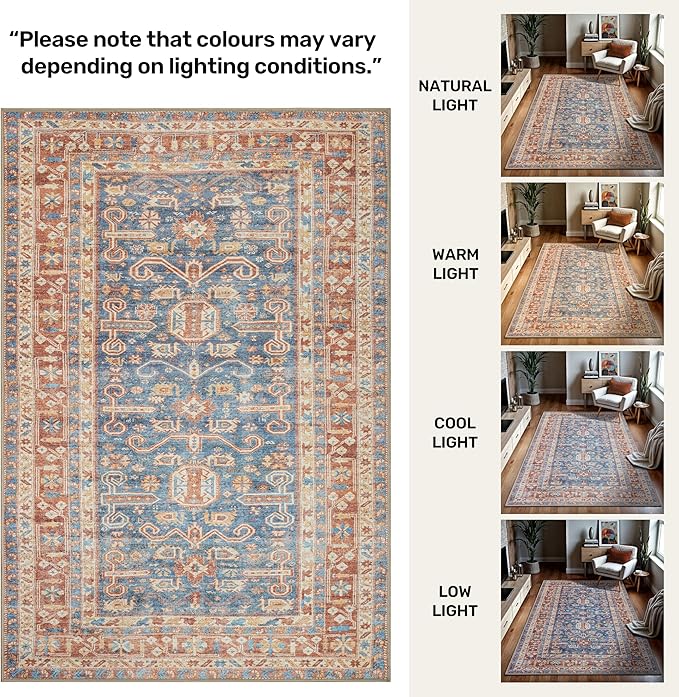 GLN Rugs Traditional Collection - Machine Washable Area Rug, Traditional Washable, Non Slip, Low Pile Chenille Rug, Living Room, Bedroom, Kitchen Rug (8' x 10' Terra/Slate Blue)